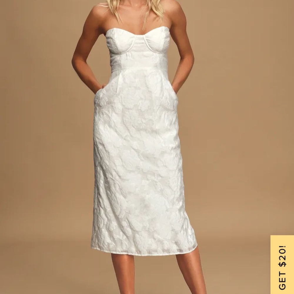 Lulus from this day white floral Jacquard strapless midi dress